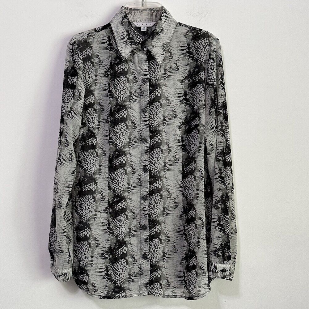 Cabi Blouse S 988 Gray Python Snake Button Front Semi Sheer Long Sleeve Trendy